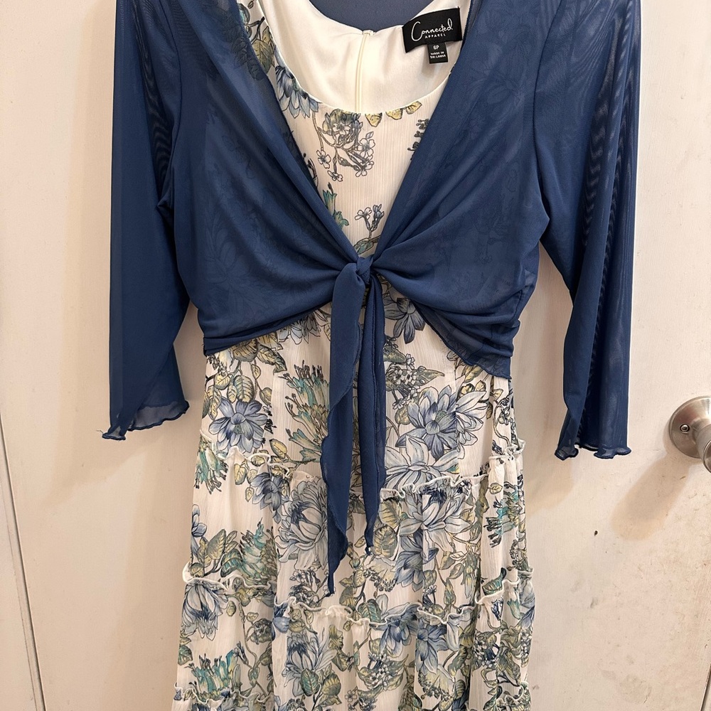 Connected Apparel Blue Tie Front Sundress 3/4 Sleeve